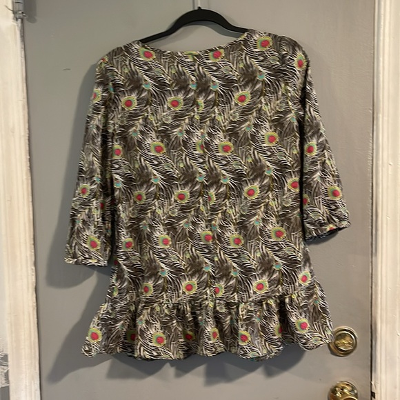 Liberty of London Shirt Women’s M Peacock‎ Feather Peplum 3/4 Sleeve Ruffle Top - Picture 5 of 5